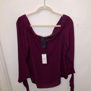 Heather by Bordeaux. Silk Off shoulder tie sleeve